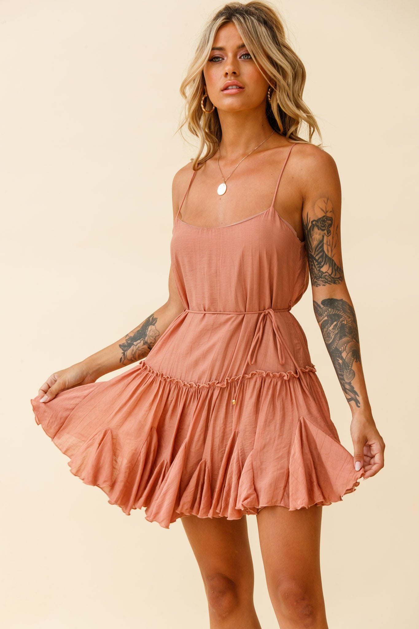 Rosabel Spaghetti Strap Fluted Hem Dress Rose-Maymioy
