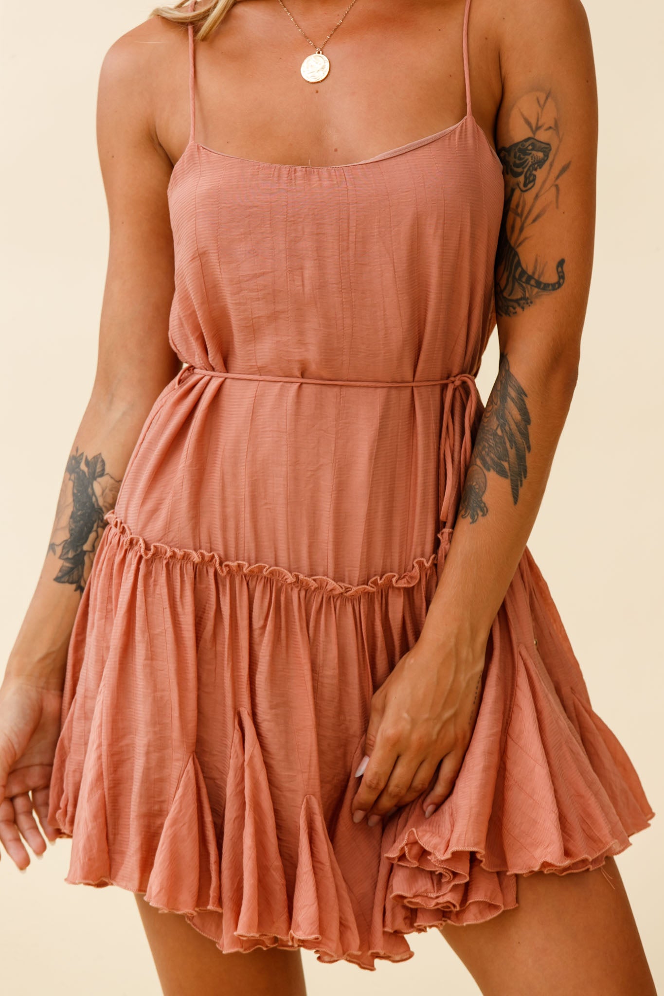 Rosabel Spaghetti Strap Fluted Hem Dress Rose-Maymioy