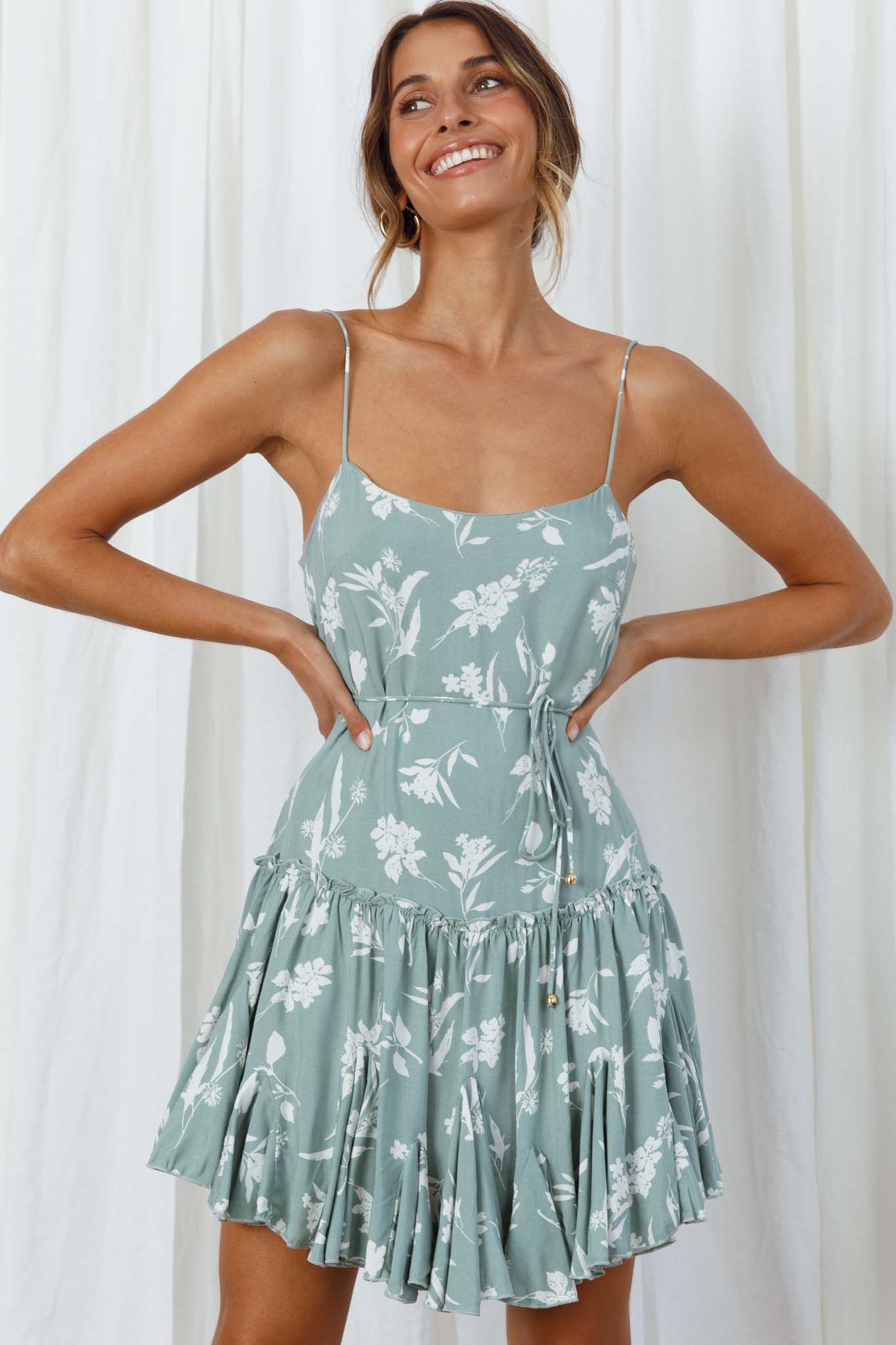 Rosabel Spaghetti Strap Fluted Hem Dress Floral Print Sage-Maymioy