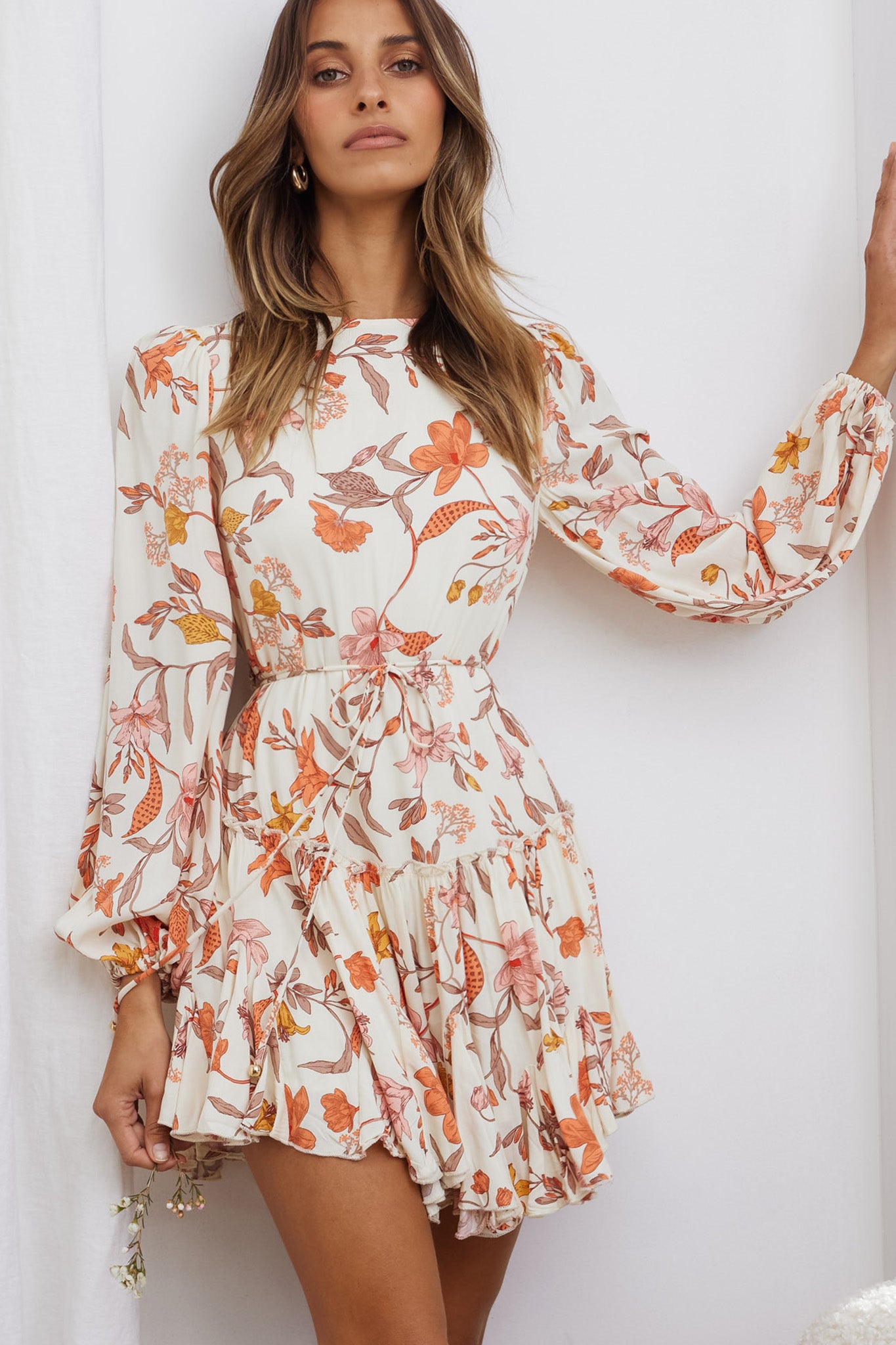 Rosabel Balloon Sleeve Fluted Hem Dress Vintage Floral Print Beige-Maymioy
