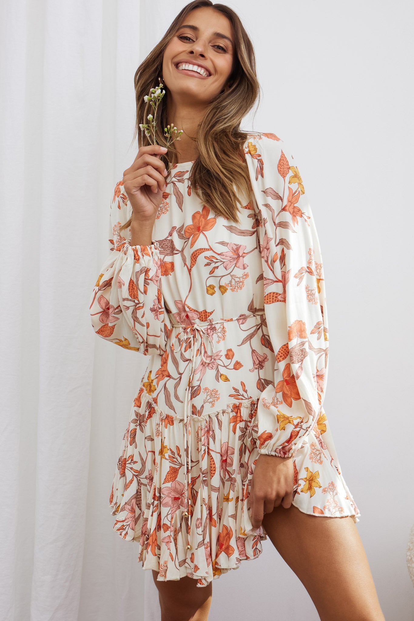 Rosabel Balloon Sleeve Fluted Hem Dress Vintage Floral Print Beige-Maymioy