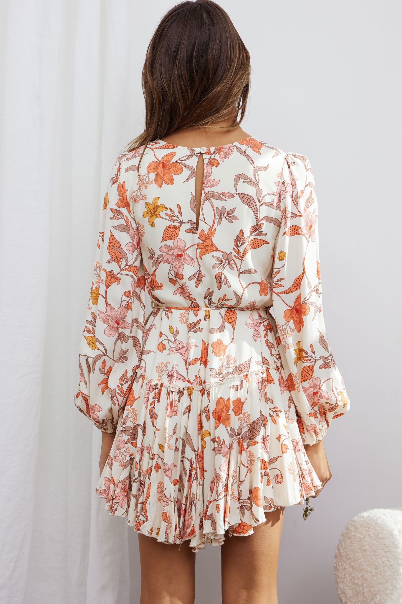 Rosabel Balloon Sleeve Fluted Hem Dress Vintage Floral Print Beige-Maymioy
