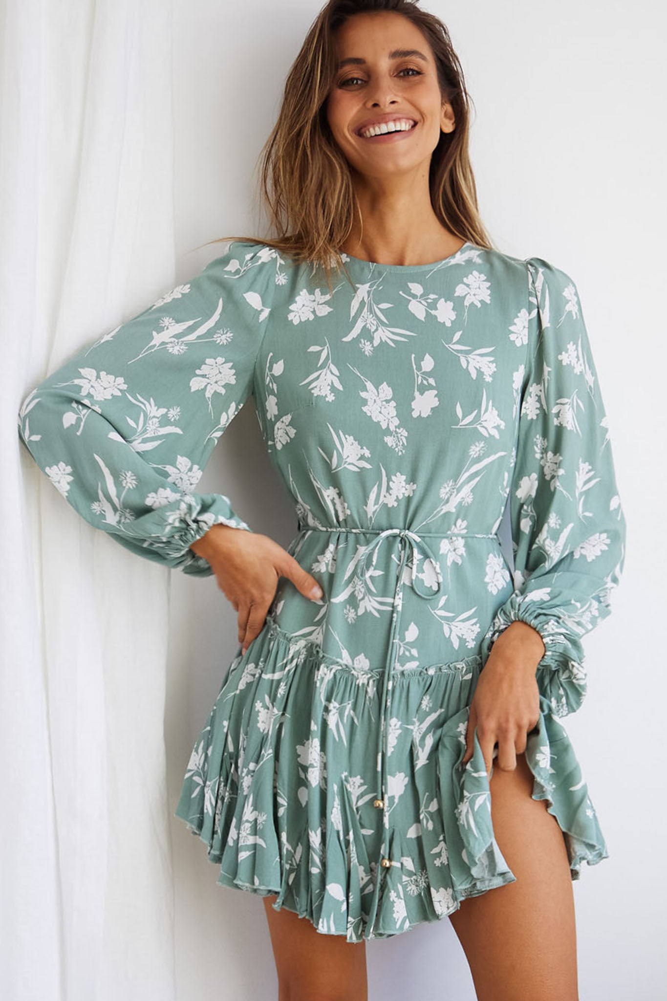 Rosabel Balloon Sleeve Fluted Hem Dress Botanic Print Sage-Maymioy