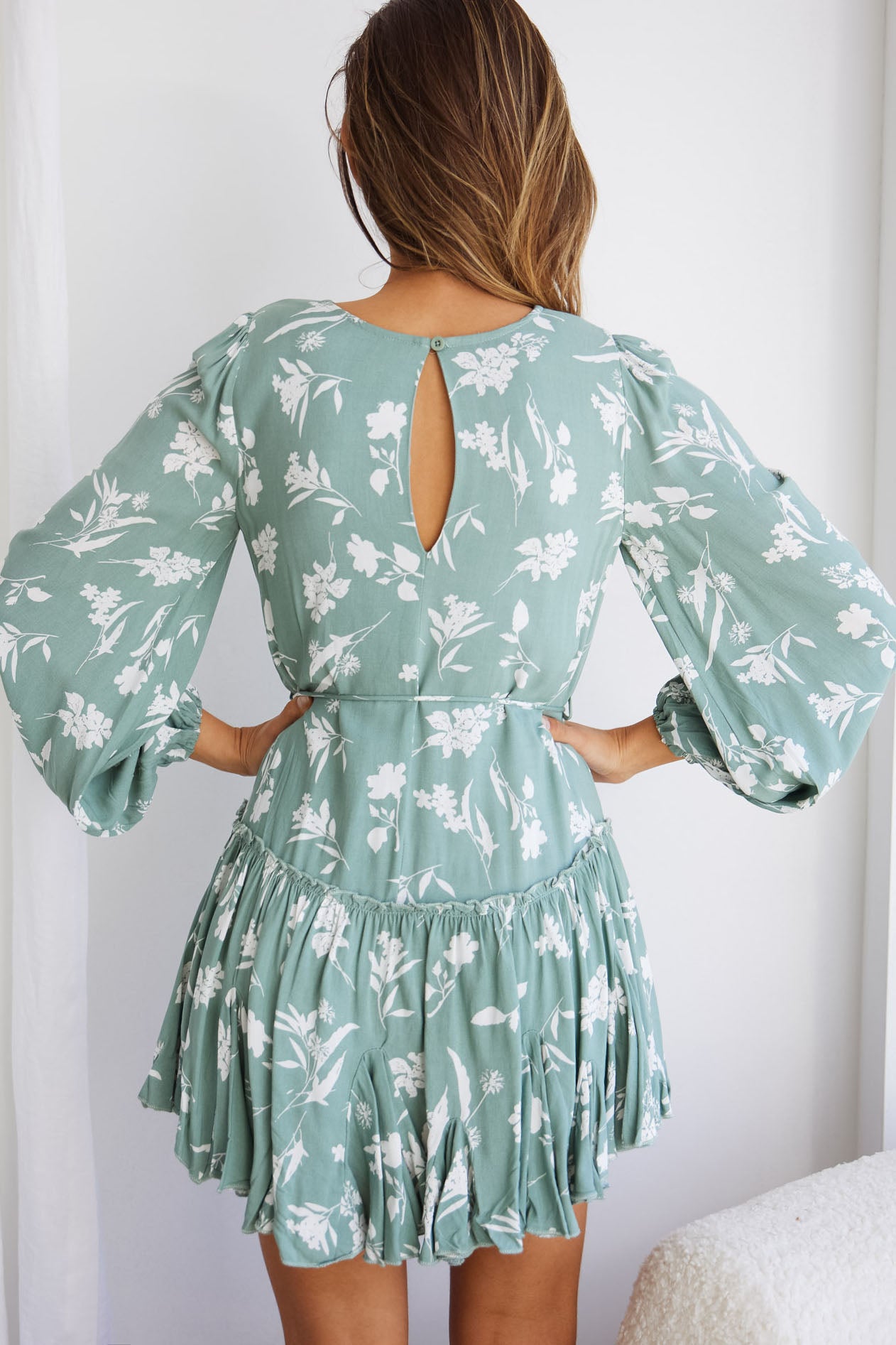 Rosabel Balloon Sleeve Fluted Hem Dress Botanic Print Sage-Maymioy