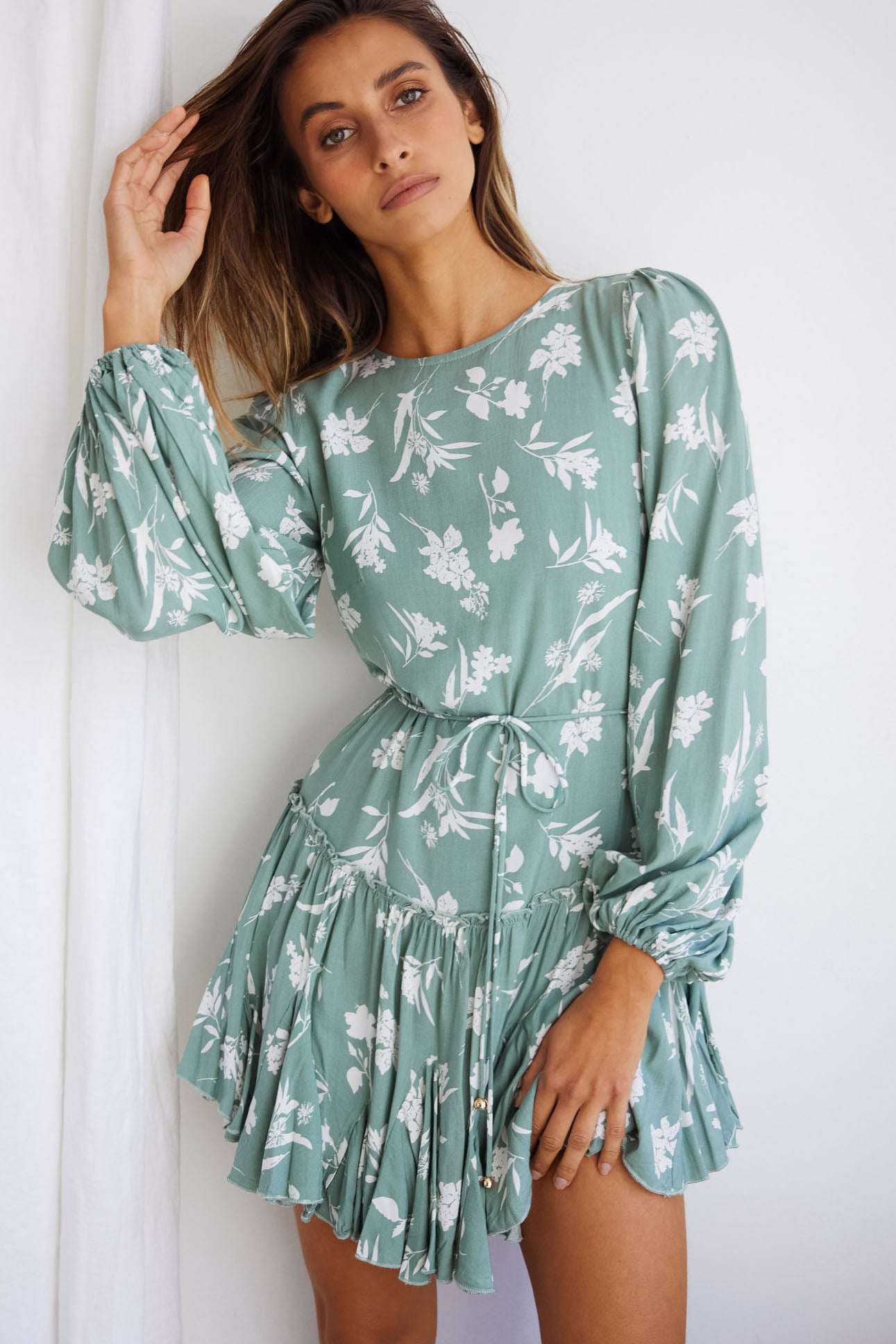 Rosabel Balloon Sleeve Fluted Hem Dress Botanic Print Sage-Maymioy