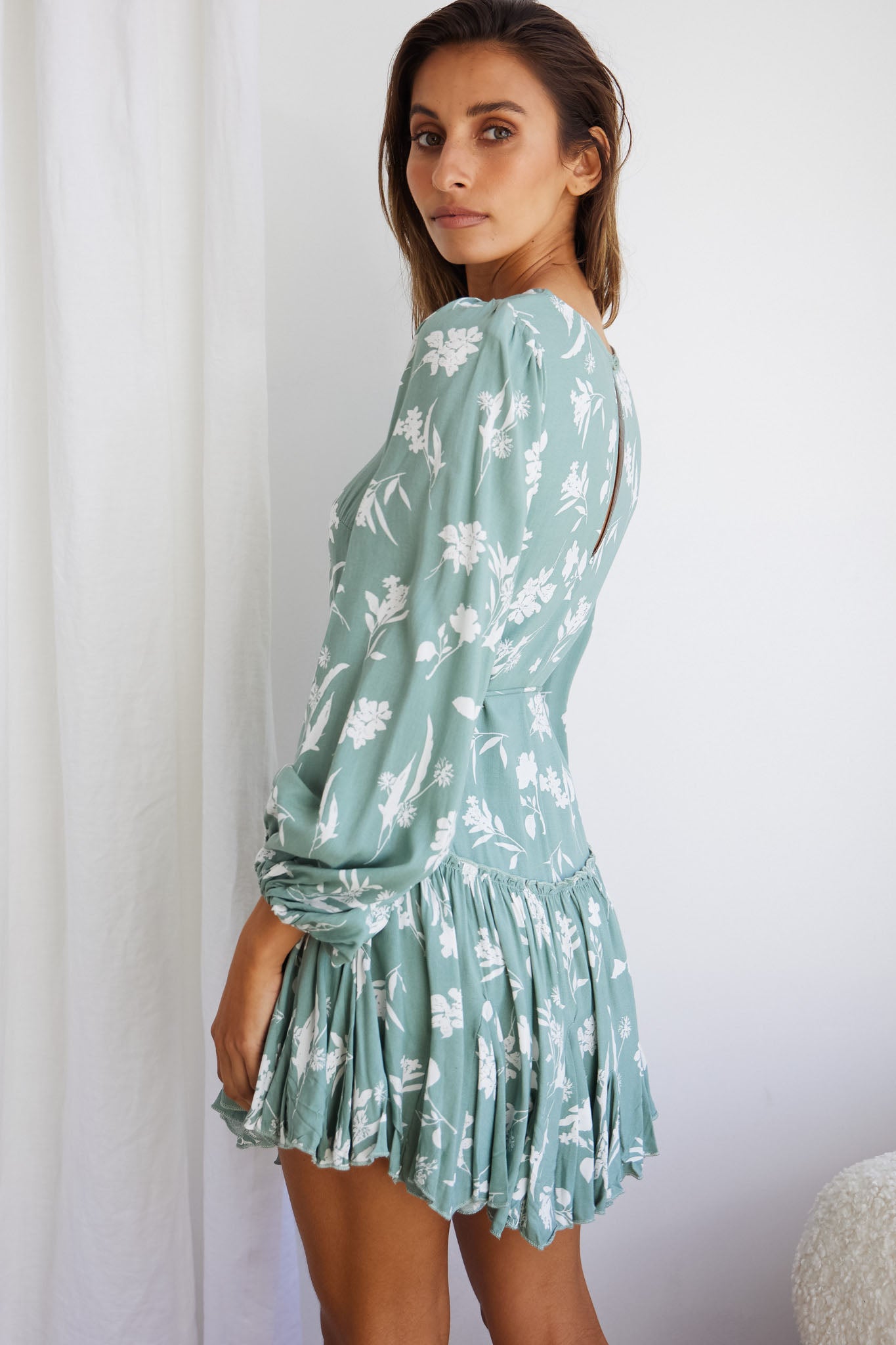 Rosabel Balloon Sleeve Fluted Hem Dress Botanic Print Sage-Maymioy