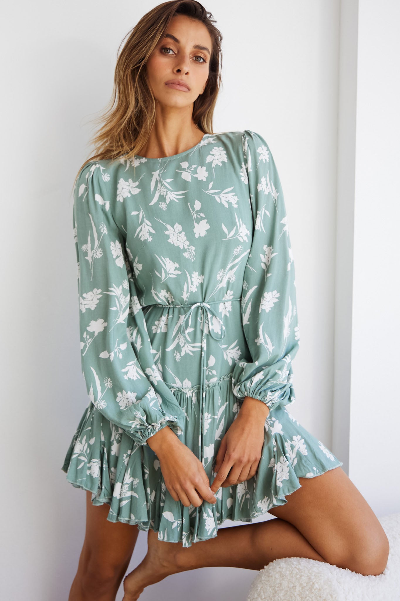 Rosabel Balloon Sleeve Fluted Hem Dress Botanic Print Sage-Maymioy