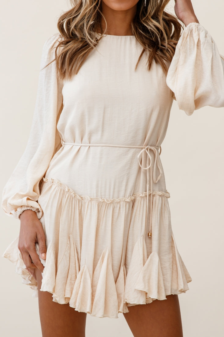Rosabel Balloon Sleeve Fluted Hem Dress Beige-Maymioy