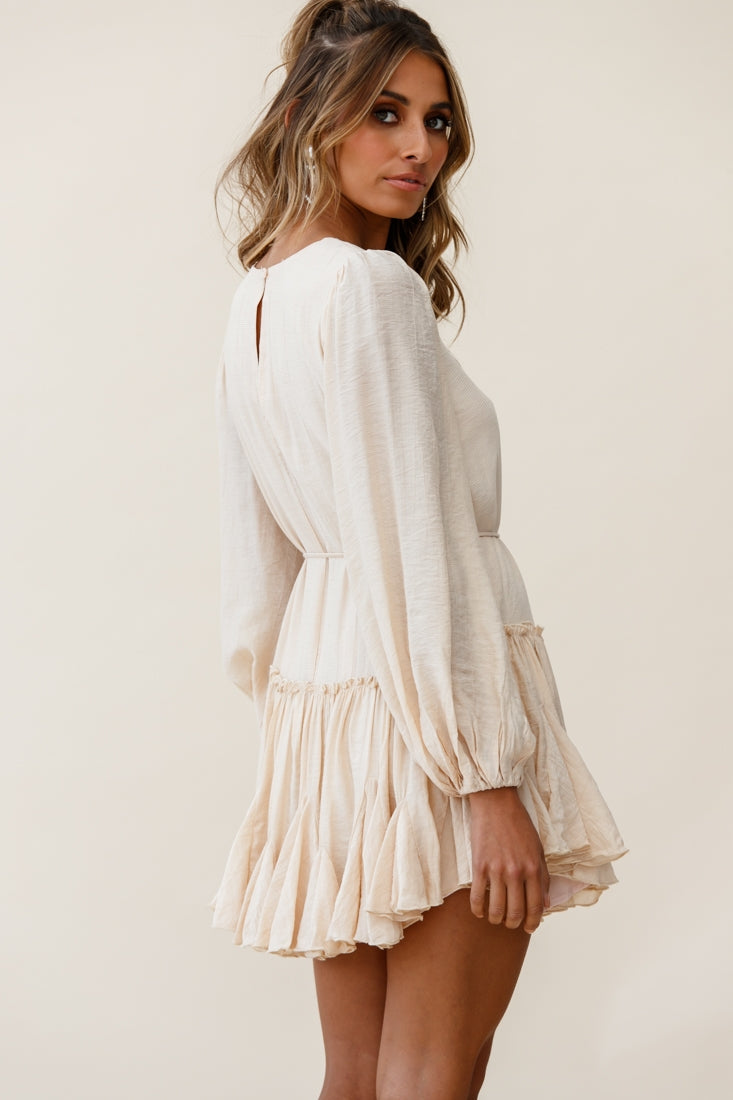 Rosabel Balloon Sleeve Fluted Hem Dress Beige-Maymioy
