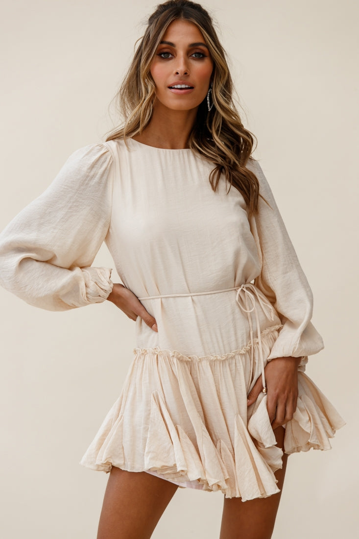 Rosabel Balloon Sleeve Fluted Hem Dress Beige-Maymioy