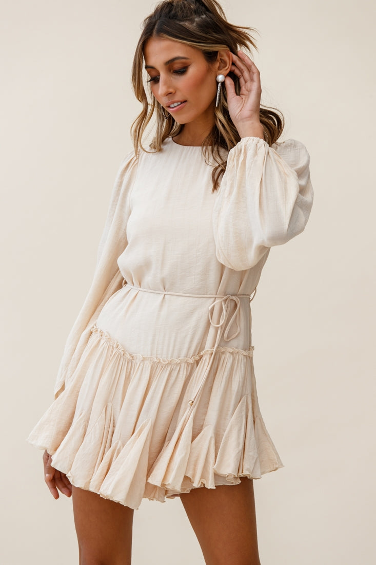 Rosabel Balloon Sleeve Fluted Hem Dress Beige-Maymioy