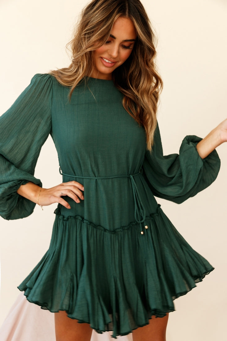 Rosabel Balloon Sleeve Fluted Hem Dress Green-Maymioy