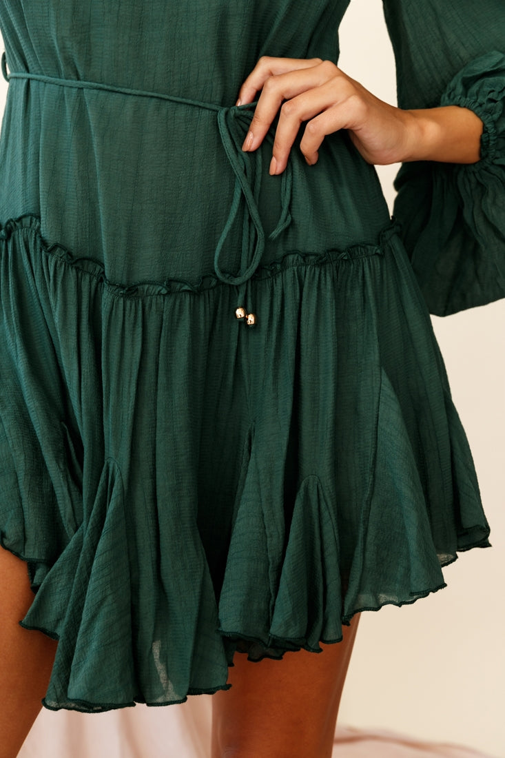 Rosabel Balloon Sleeve Fluted Hem Dress Green-Maymioy