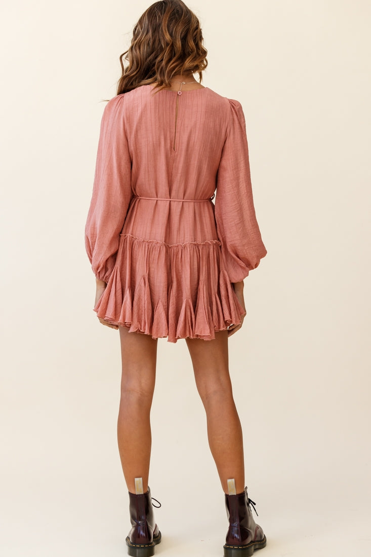 Rosabel Balloon Sleeve Fluted Hem Dress Rose-Maymioy