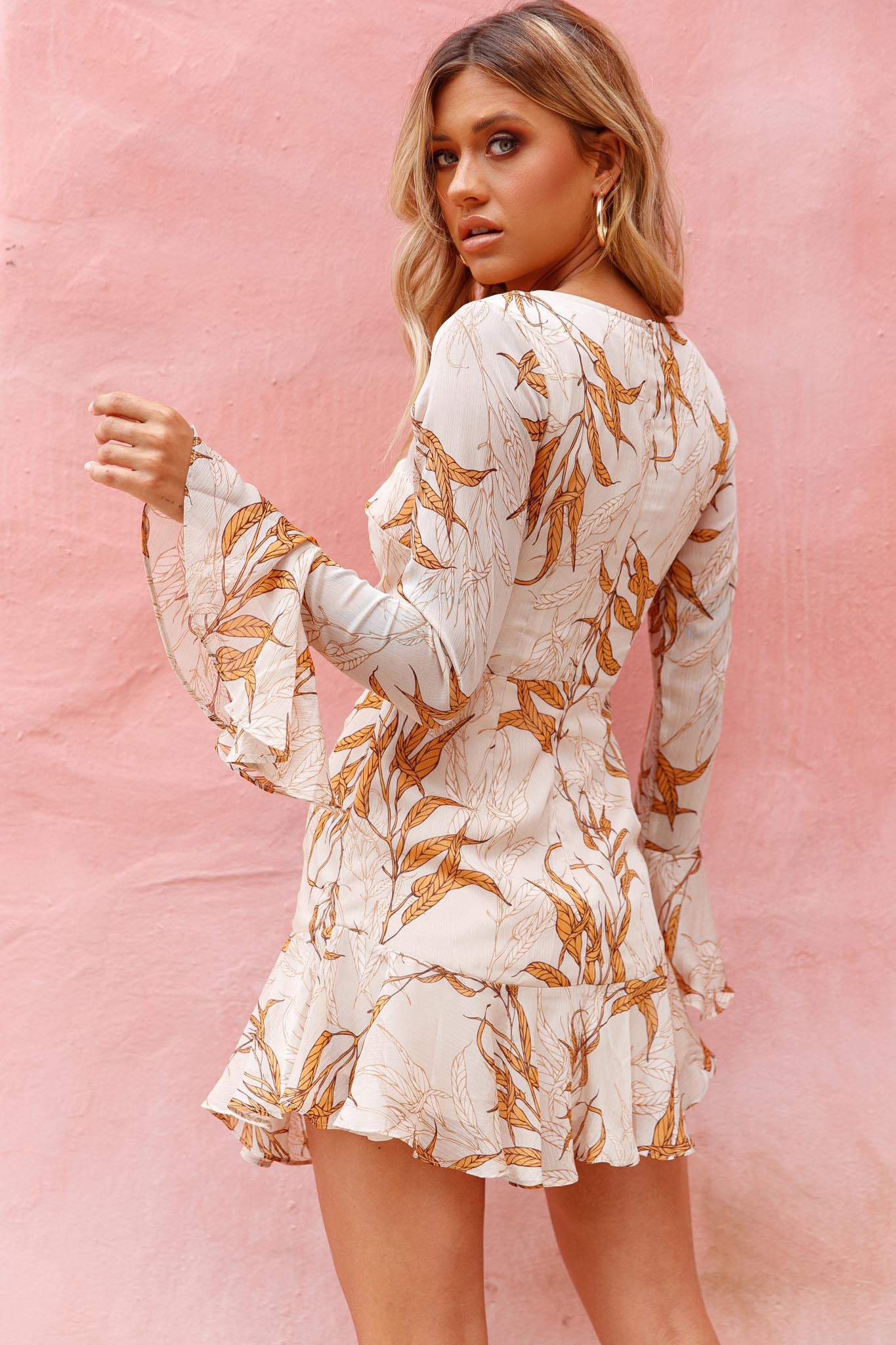 Adalia Long Sleeve Flared Cuff Dress Leaf Print Beige-Maymioy