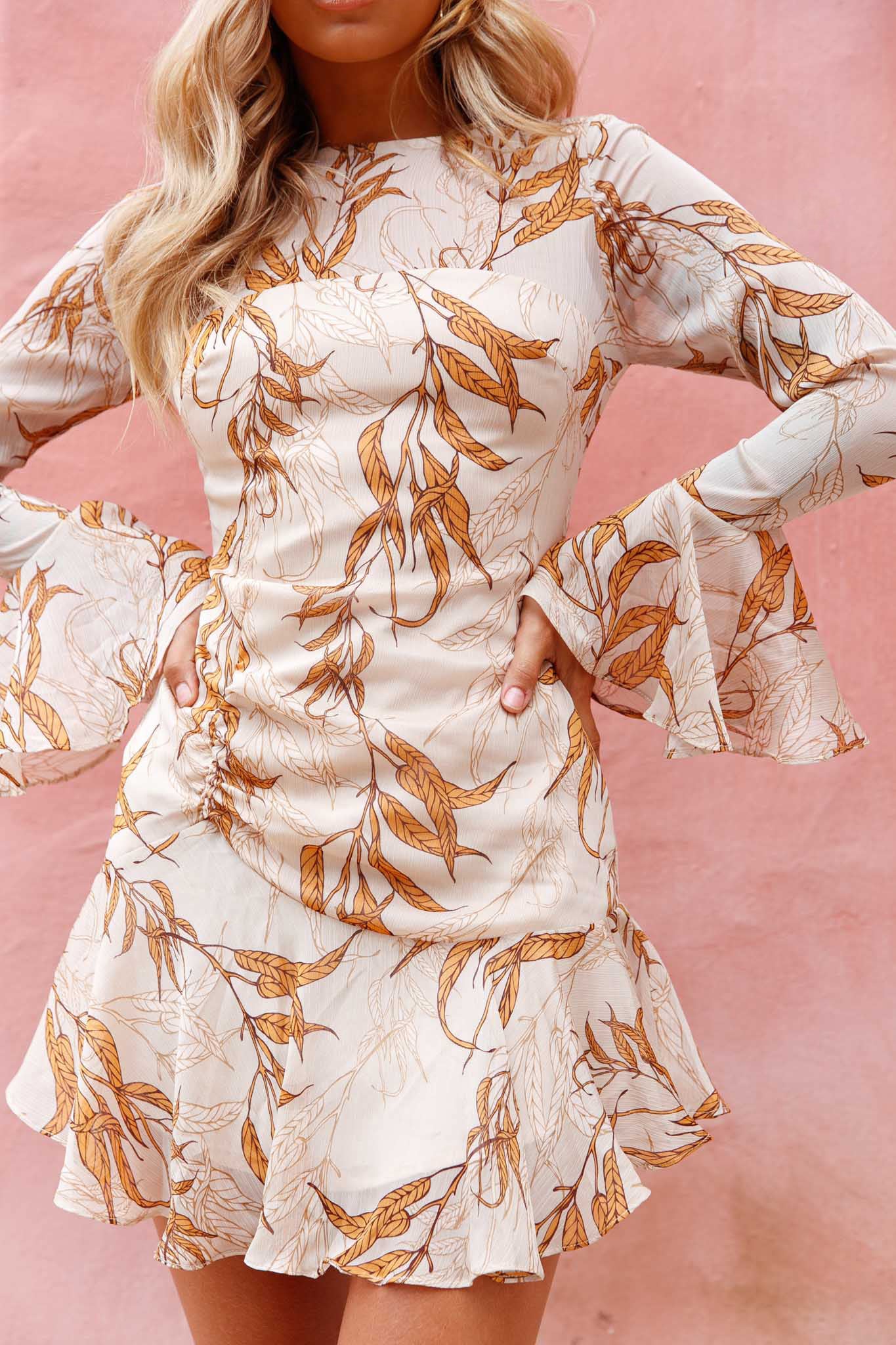 Adalia Long Sleeve Flared Cuff Dress Leaf Print Beige-Maymioy