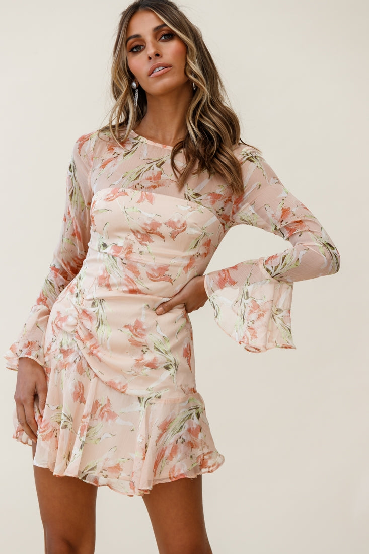 Adalia Long Sleeve Flared Cuff Dress Flower Print Nude-Maymioy