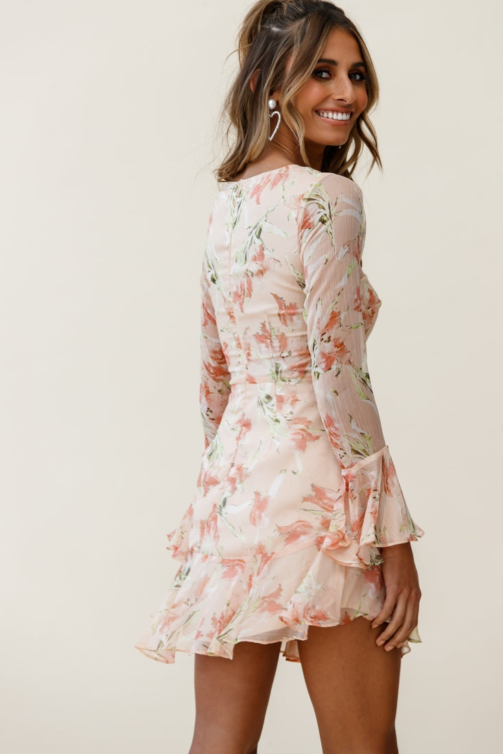 Adalia Long Sleeve Flared Cuff Dress Flower Print Nude-Maymioy