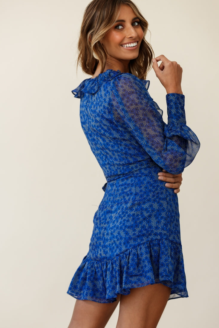 Regina Long Sleeve Ruffle Neckline Dress Flower Print Royal Blue-Maymioy