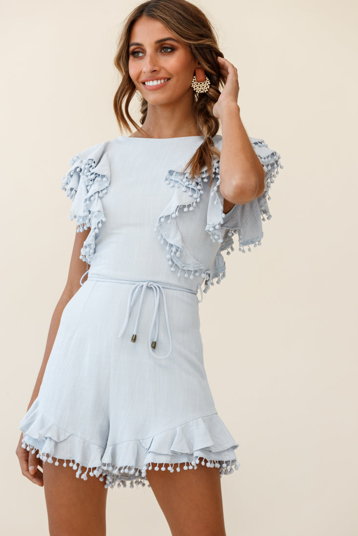 Must Be Nice Frill Shoulder Circle Trim Romper Steel Blue-Maymioy