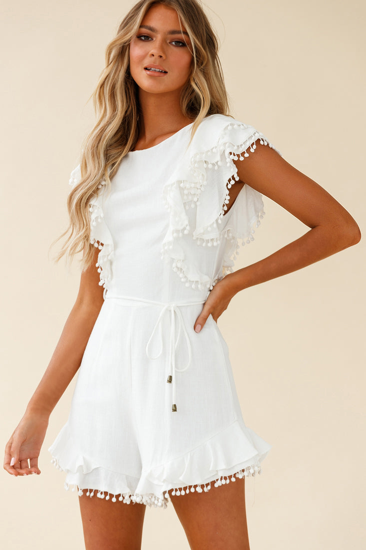 Must Be Nice Frill Shoulder Circle Trim Romper White-Maymioy