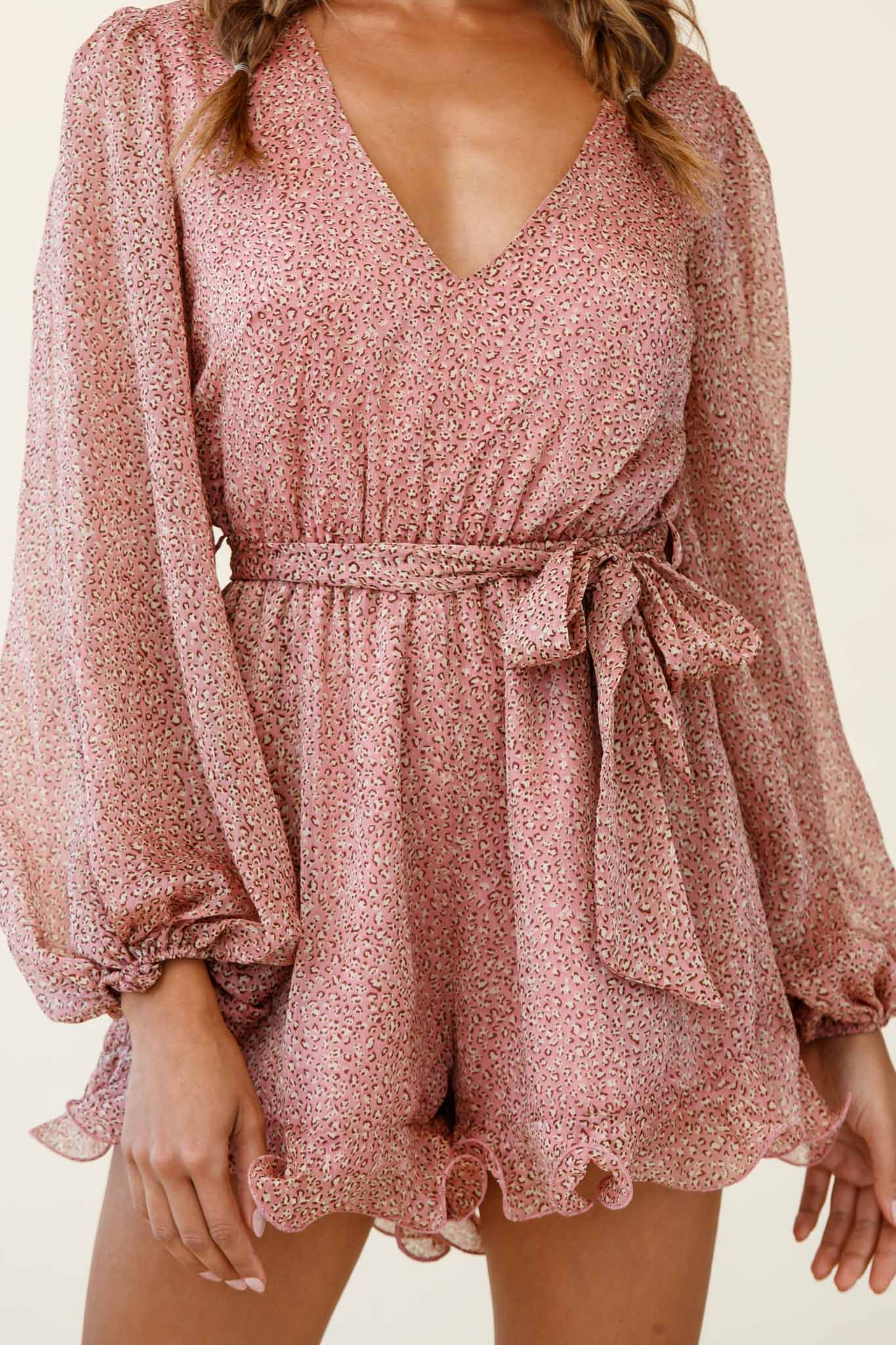 Hilda Long Sleeve Waist Tie Romper Leopard Print Blush-Maymioy