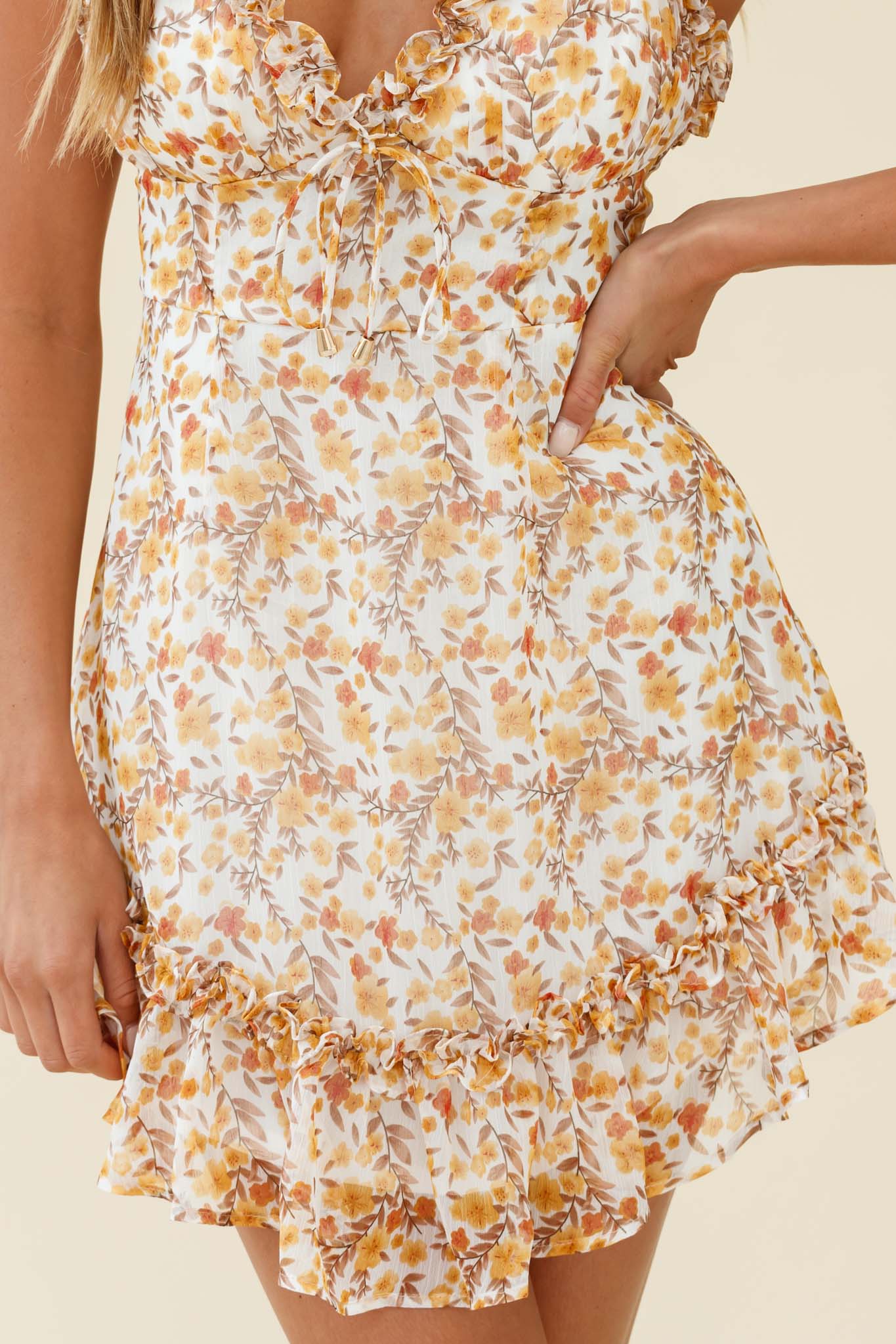 Match Maker Criss-Cross Back Frill Trim Dress Floral Print Yellow Multi-Maymioy