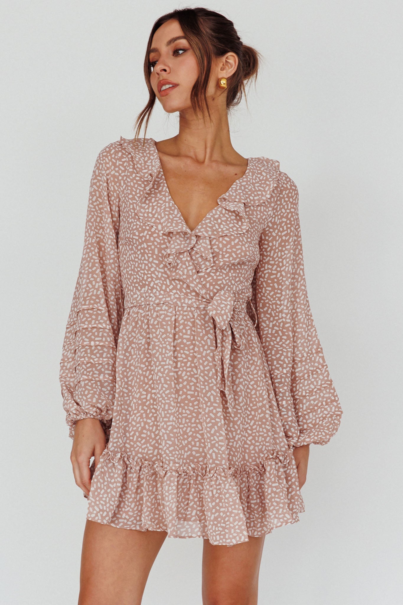 Marcheline Balloon Sleeve Waist Tie Dress Sprinkle Print Pink-Maymioy