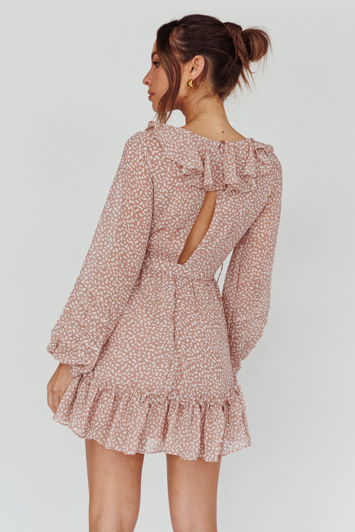 Marcheline Balloon Sleeve Waist Tie Dress Sprinkle Print Pink-Maymioy
