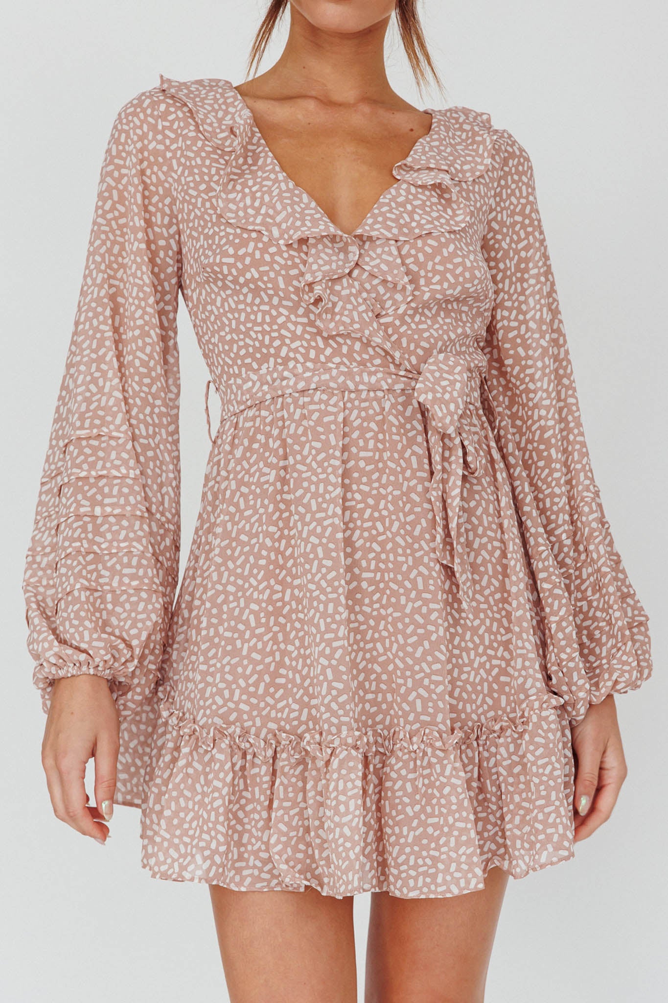Marcheline Balloon Sleeve Waist Tie Dress Sprinkle Print Pink-Maymioy
