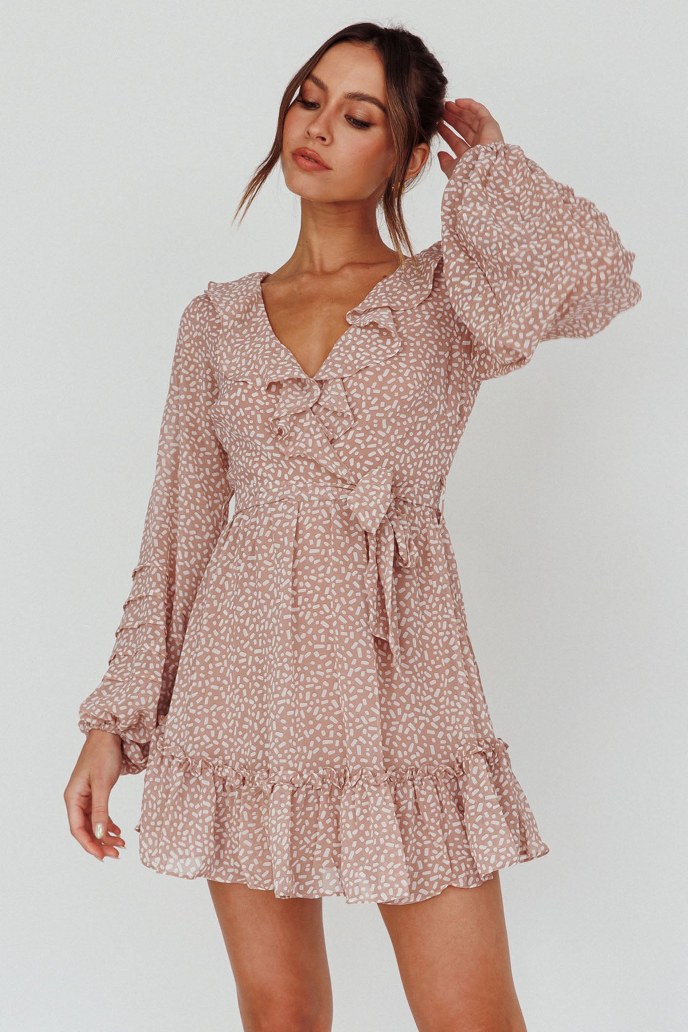 Marcheline Balloon Sleeve Waist Tie Dress Sprinkle Print Pink-Maymioy