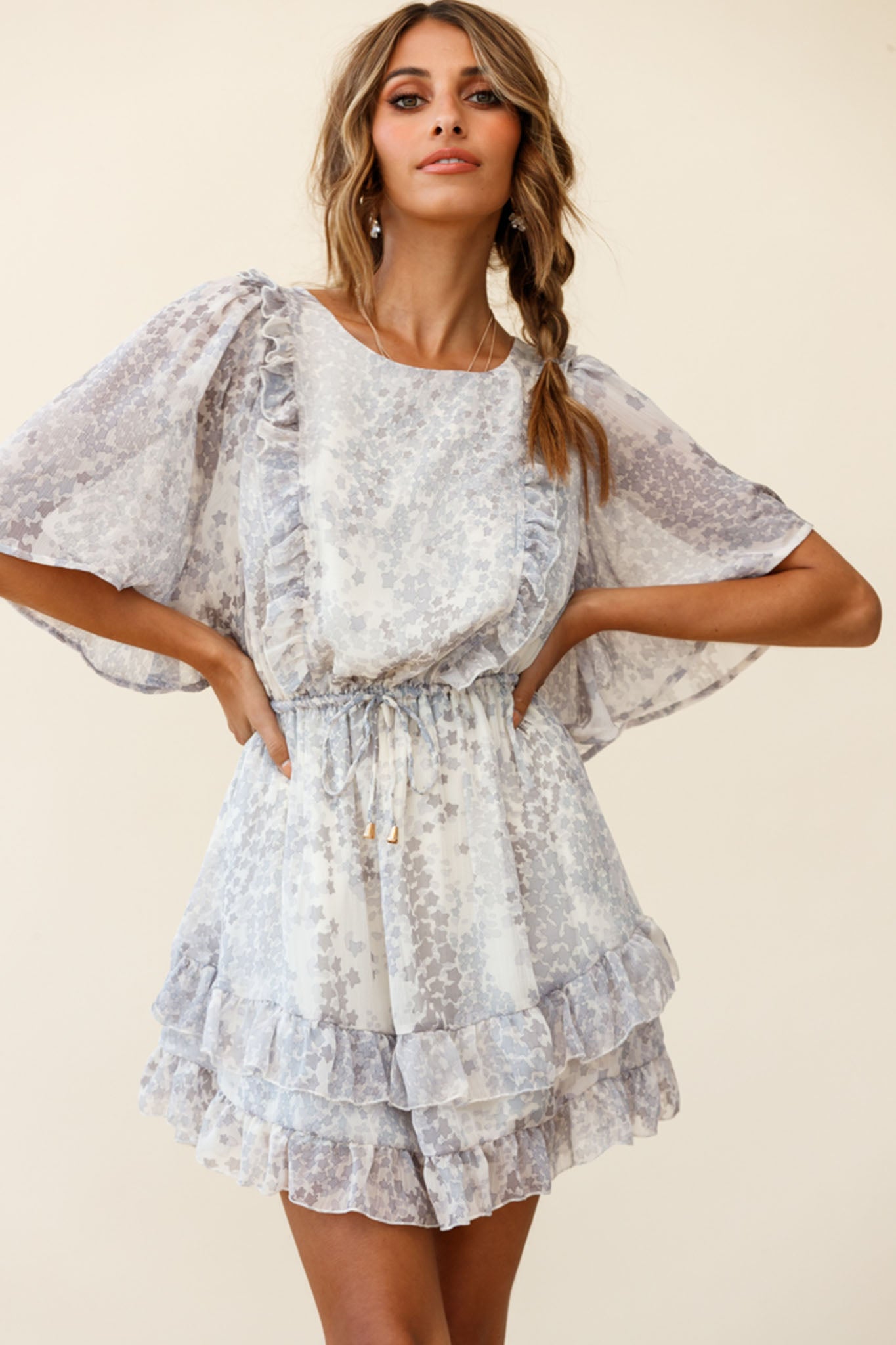 Stars Aligned Angel Sleeve Drawstring Waist Dress Star Print Grey-Maymioy
