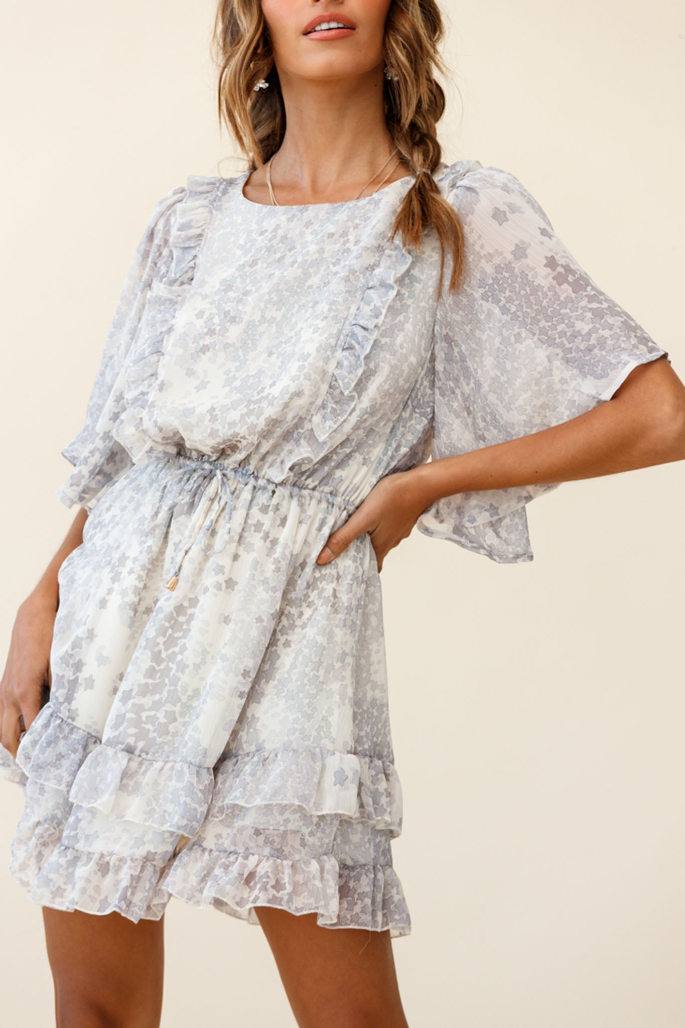 Stars Aligned Angel Sleeve Drawstring Waist Dress Star Print Grey-Maymioy