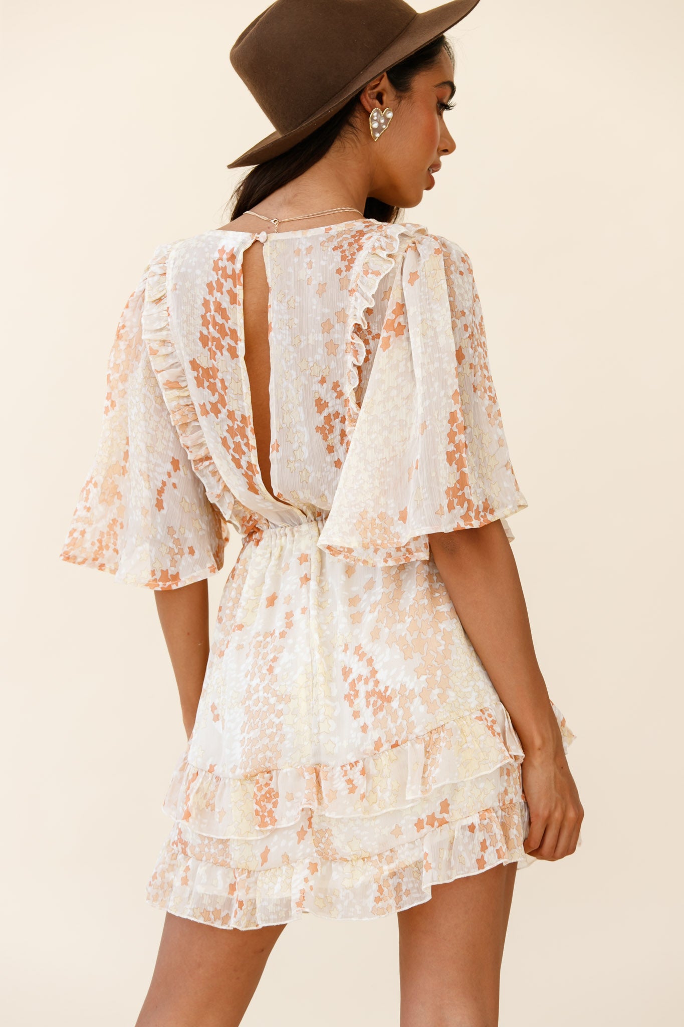 Stars Aligned Angel Sleeve Drawstring Waist Dress Star Print Orange-Maymioy