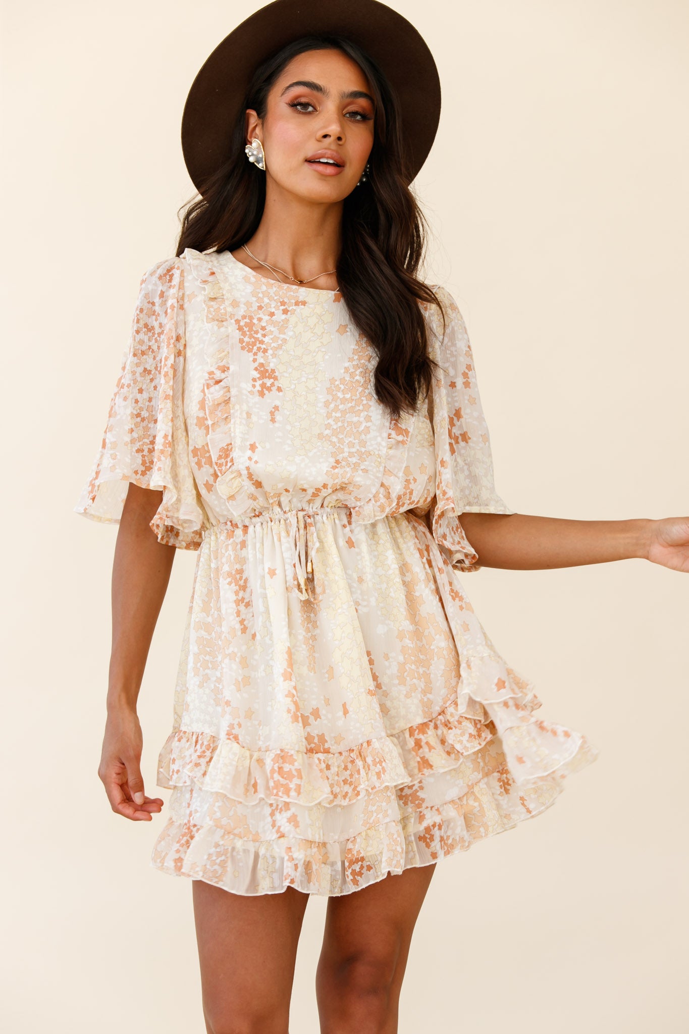 Stars Aligned Angel Sleeve Drawstring Waist Dress Star Print Orange-Maymioy