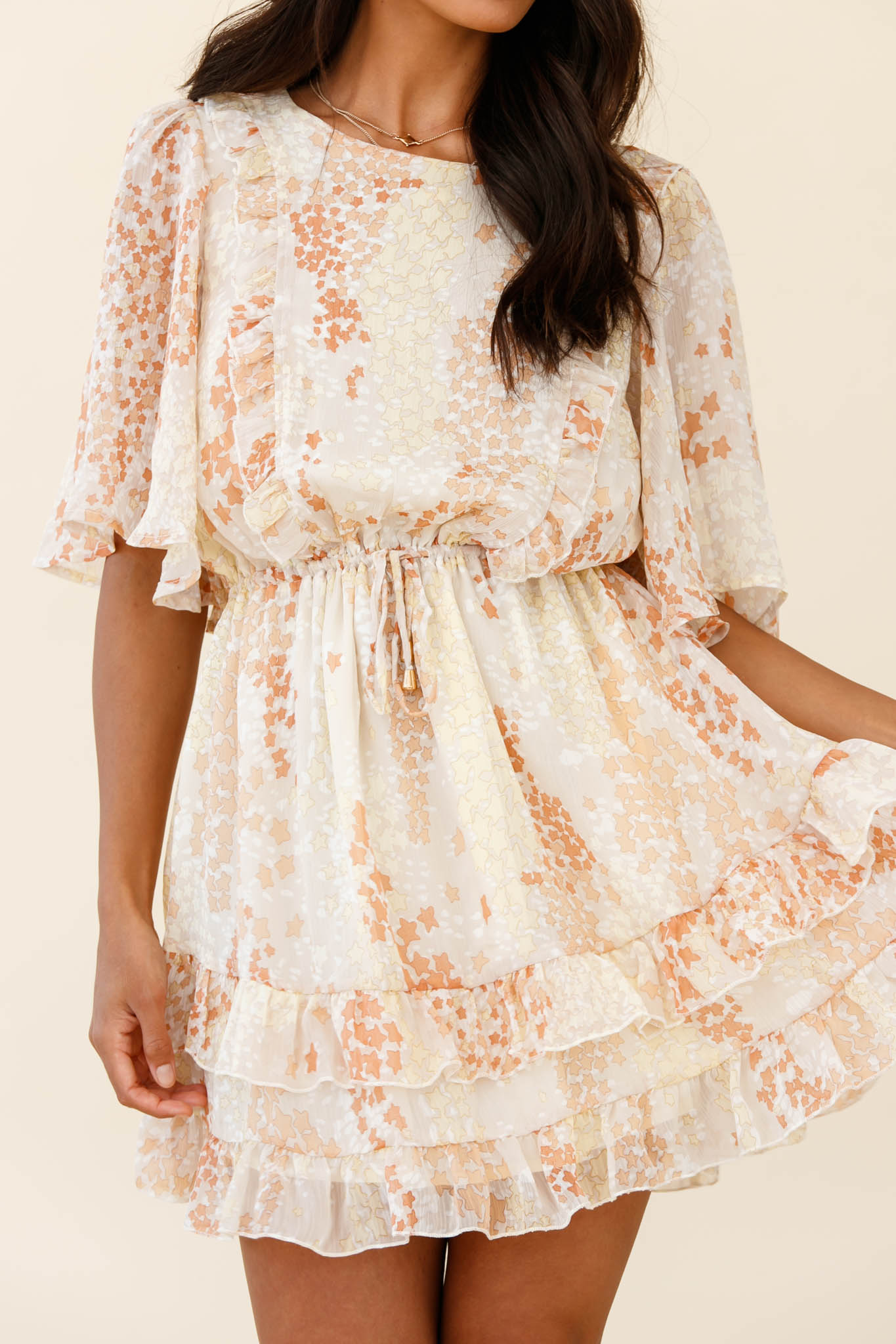 Stars Aligned Angel Sleeve Drawstring Waist Dress Star Print Orange-Maymioy