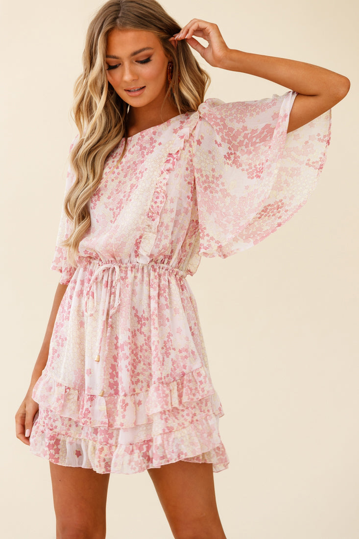 Stars Aligned Angel Sleeve Drawstring Waist Dress Star Print Pink-Maymioy