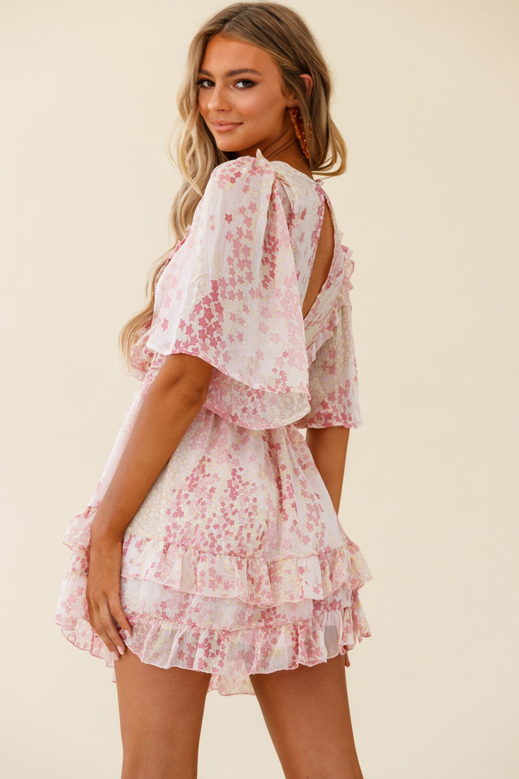 Stars Aligned Angel Sleeve Drawstring Waist Dress Star Print Pink-Maymioy