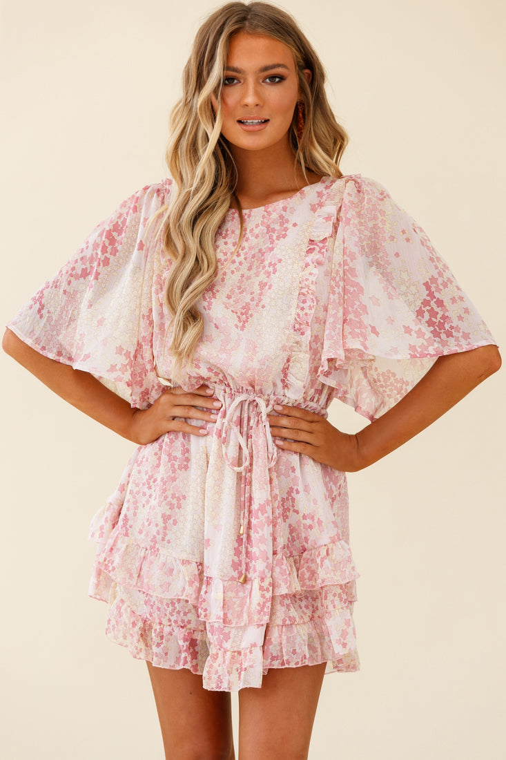Stars Aligned Angel Sleeve Drawstring Waist Dress Star Print Pink-Maymioy