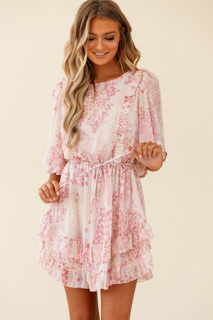 Stars Aligned Angel Sleeve Drawstring Waist Dress Star Print Pink-Maymioy