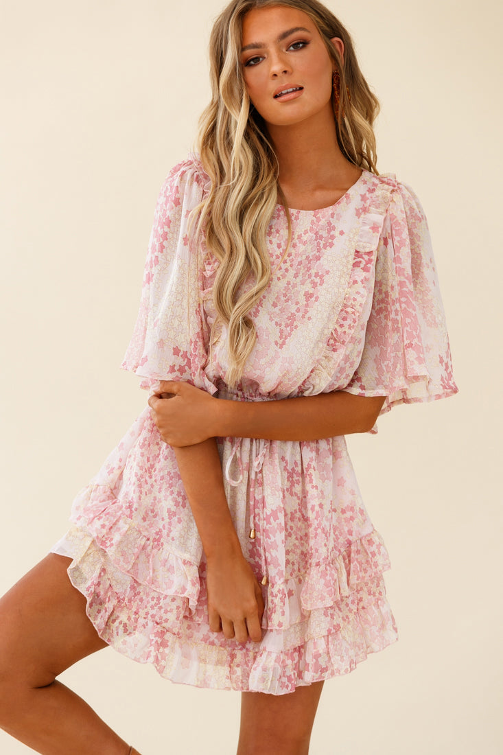 Stars Aligned Angel Sleeve Drawstring Waist Dress Star Print Pink-Maymioy