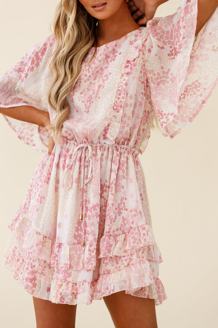 Stars Aligned Angel Sleeve Drawstring Waist Dress Star Print Pink-Maymioy