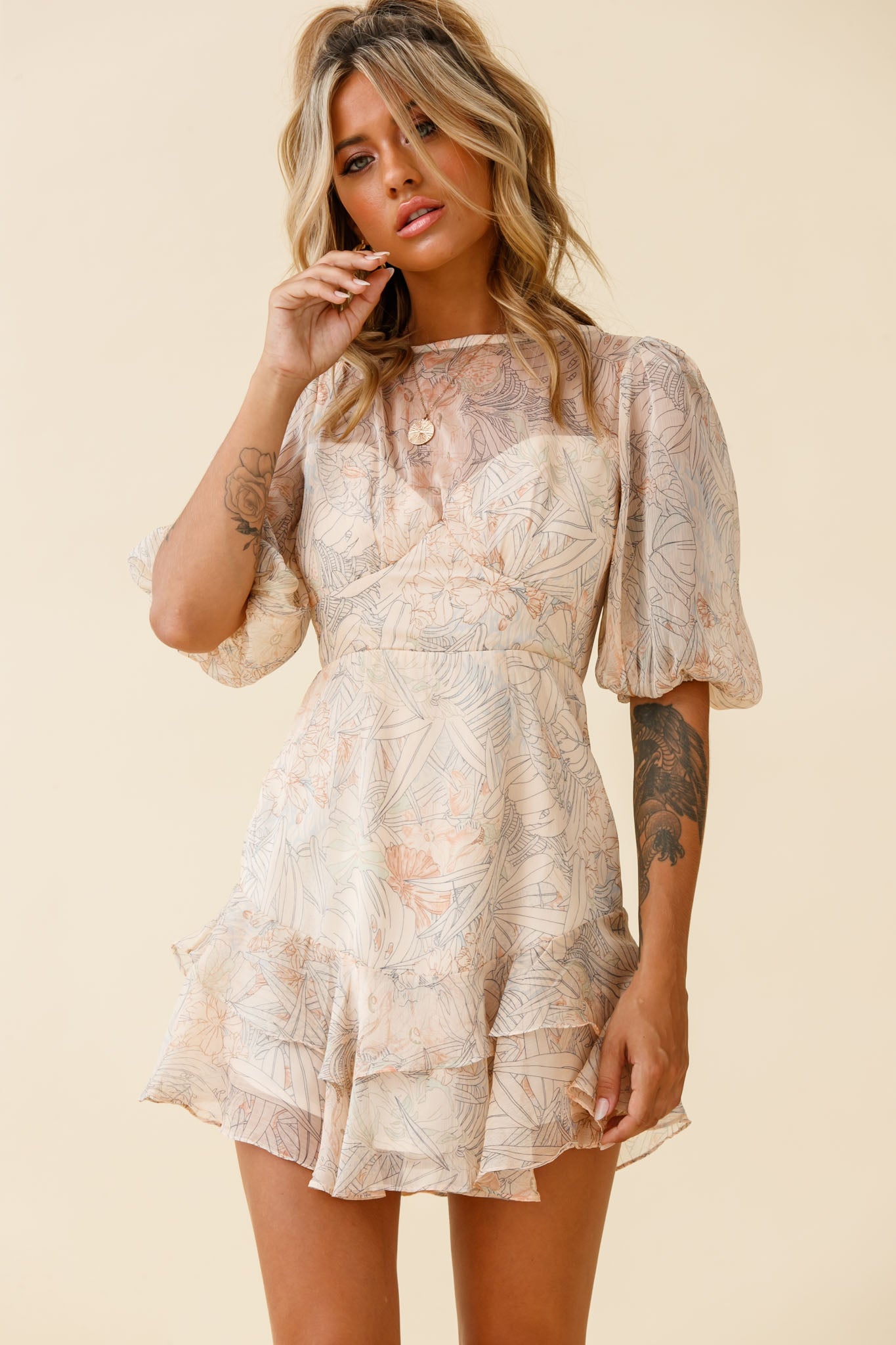 She Knows Puff Sleeve Ruffle Trim Dress Botanic Print Nude-Maymioy