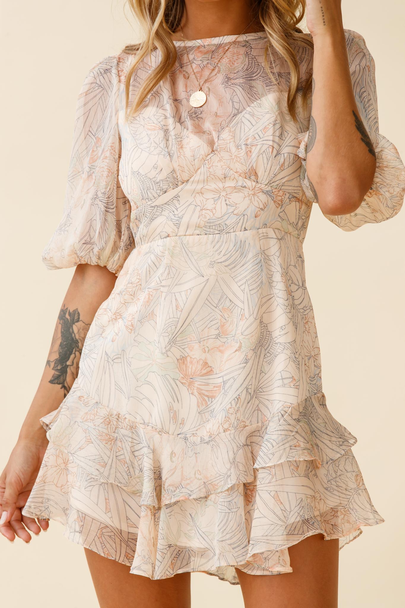 She Knows Puff Sleeve Ruffle Trim Dress Botanic Print Nude-Maymioy