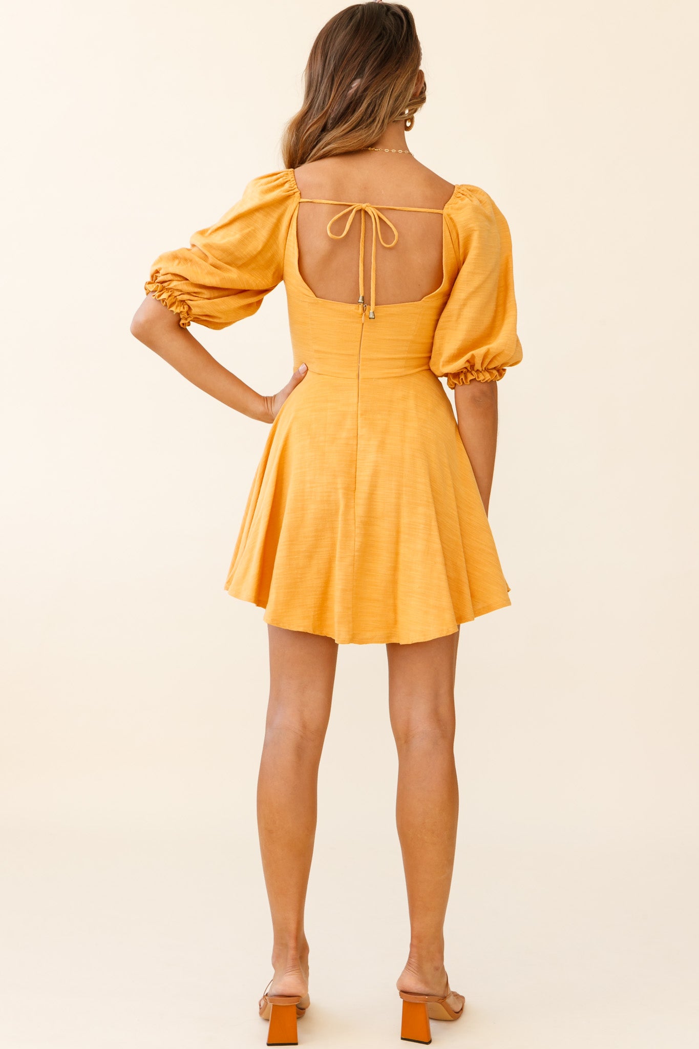 Sweet Dreams Puff Sleeve Bow Detail Dress Sunset-Maymioy