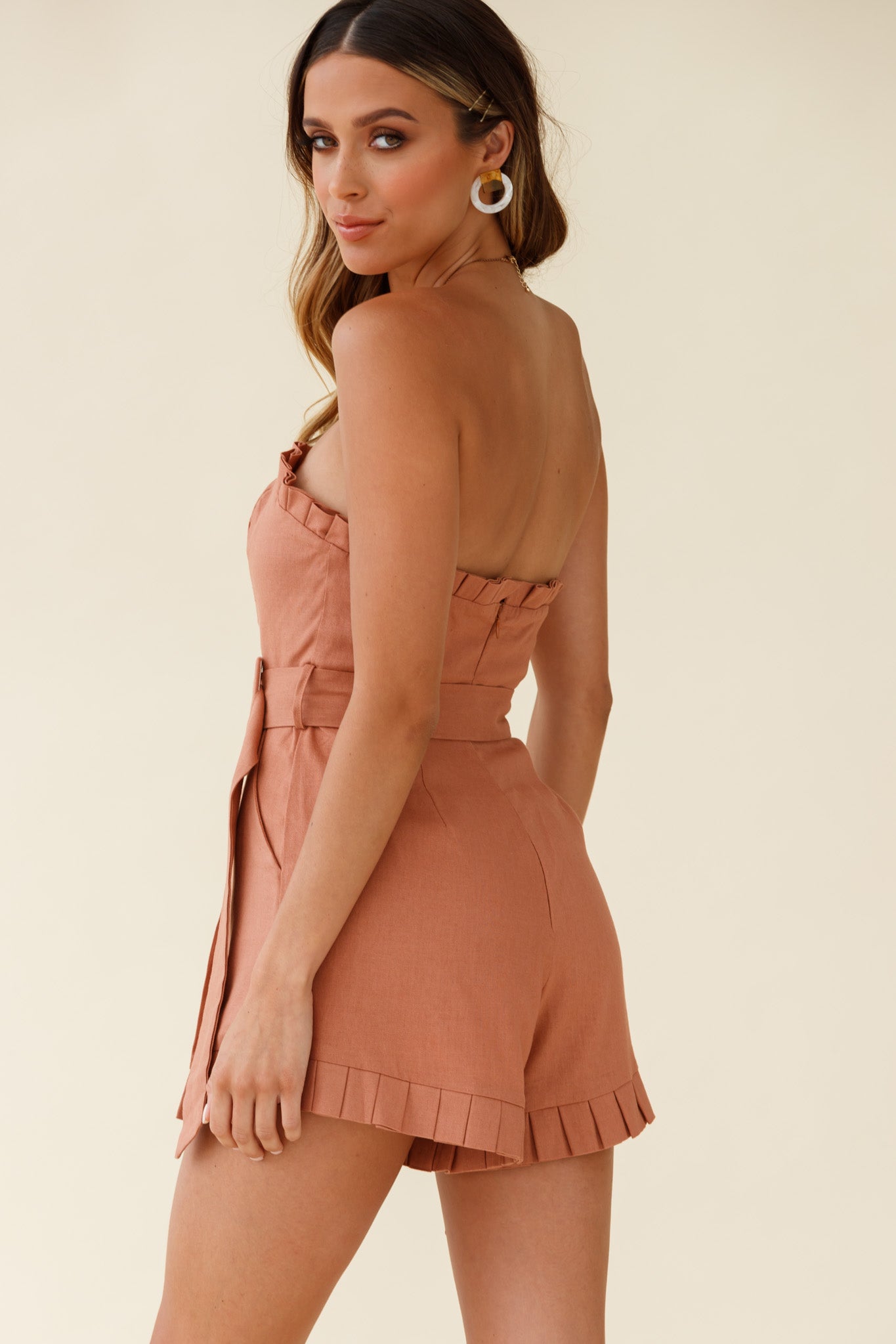 Elodie Pleat Trim Belted Skort Romper Tan-Maymioy