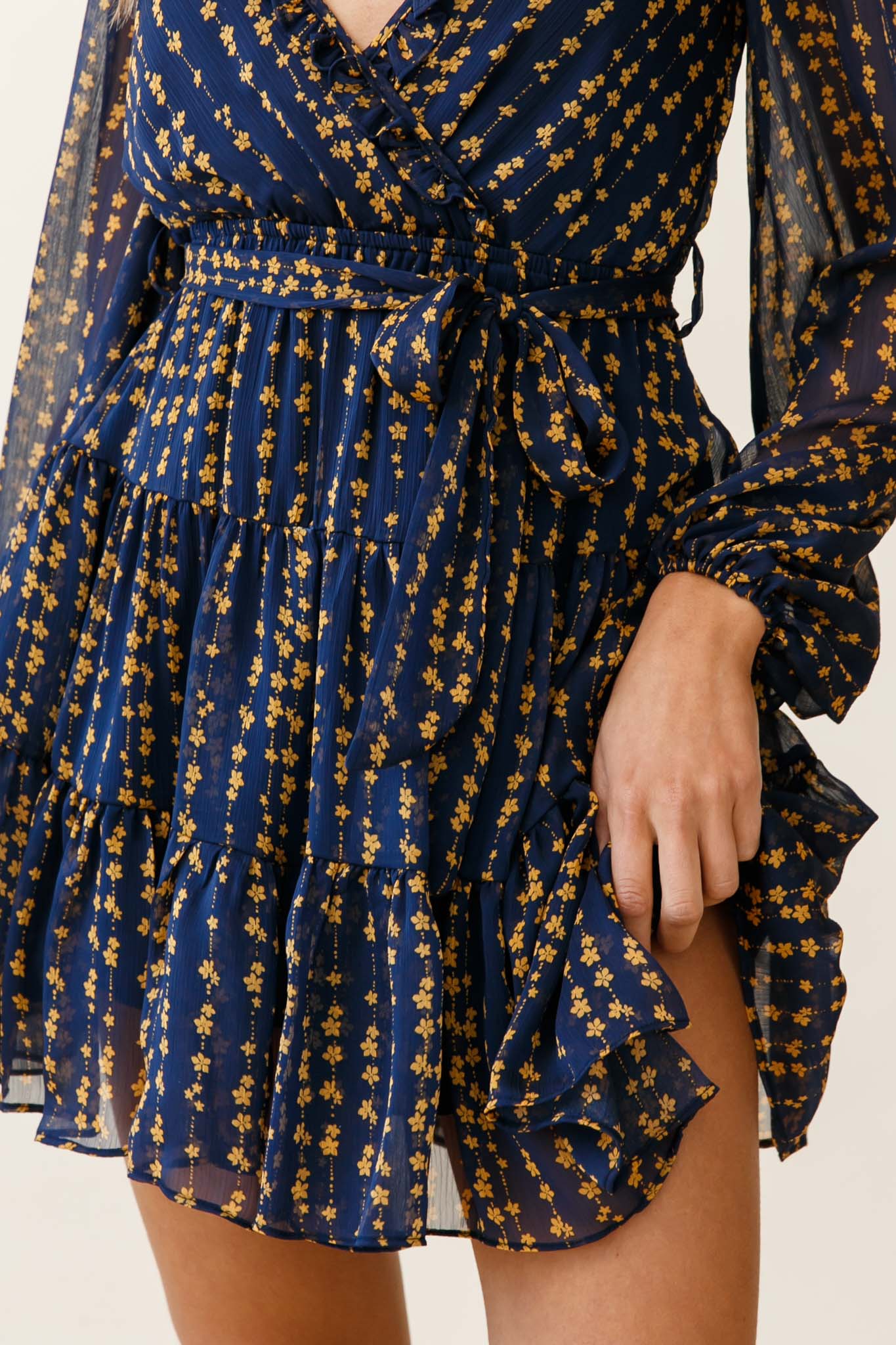 Floating On Clouds Long Sleeve Frill Trim Dress Floral Print Navy-Maymioy