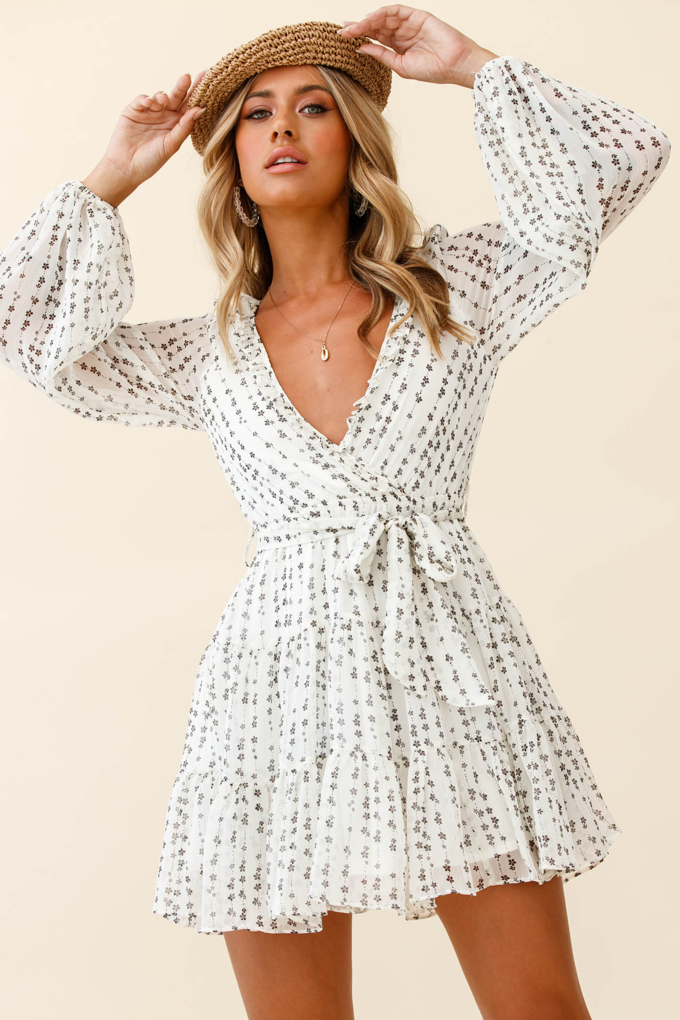 Floating On Clouds Long Sleeve Frill Trim Dress Floral Print White-Maymioy