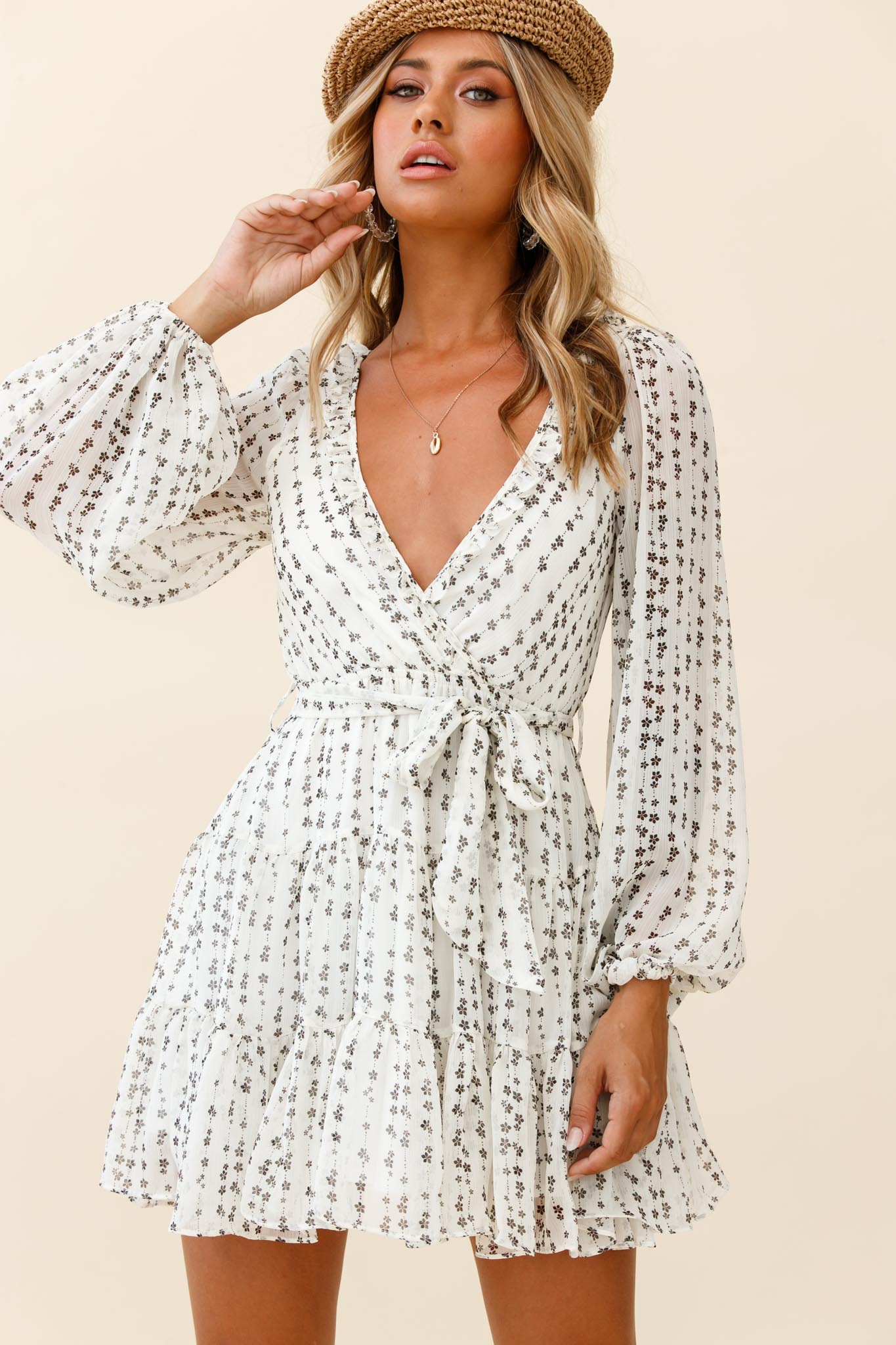 Floating On Clouds Long Sleeve Frill Trim Dress Floral Print White-Maymioy