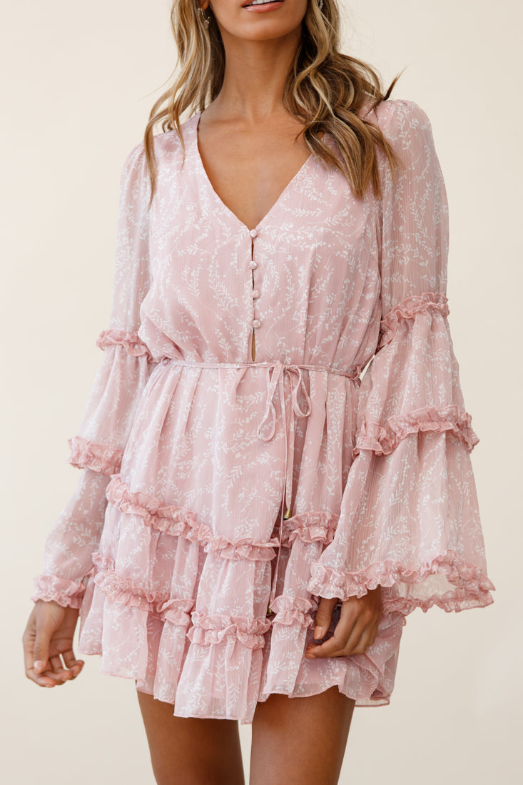 Winslet Long Sleeve Placket Bust Frill Detail Dress Floral Print Pink-Maymioy